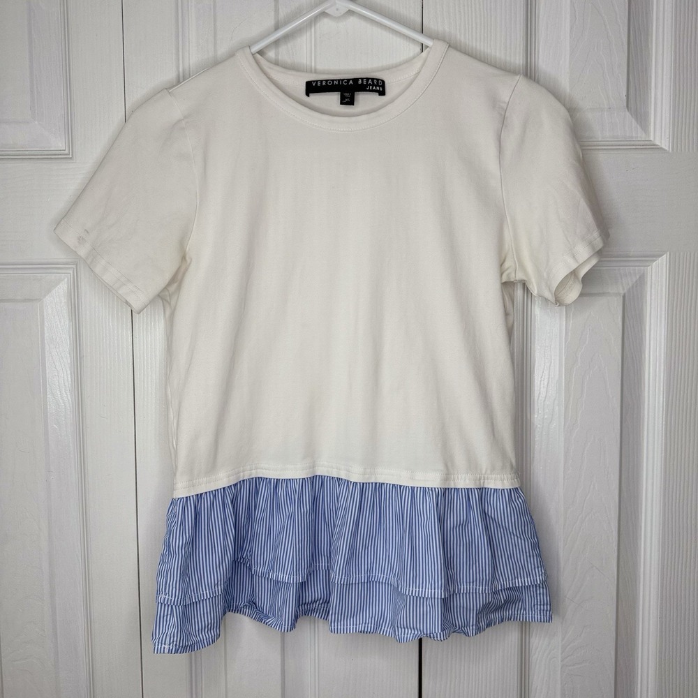 Veronica Beard Jeans White Tee Blue Striped‎ Ruffle Hem Mixed Media Top XS